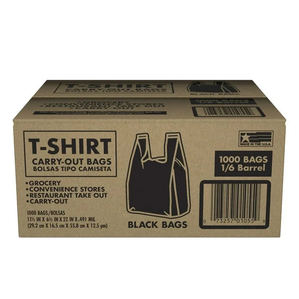BAG 11.5X6.5X22 LARGE BLACK* - T-SHIRT BAG 1000CT