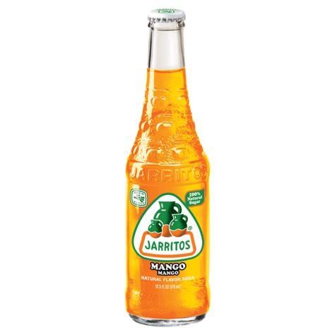 Jarritos Mango soda bottle on a white background