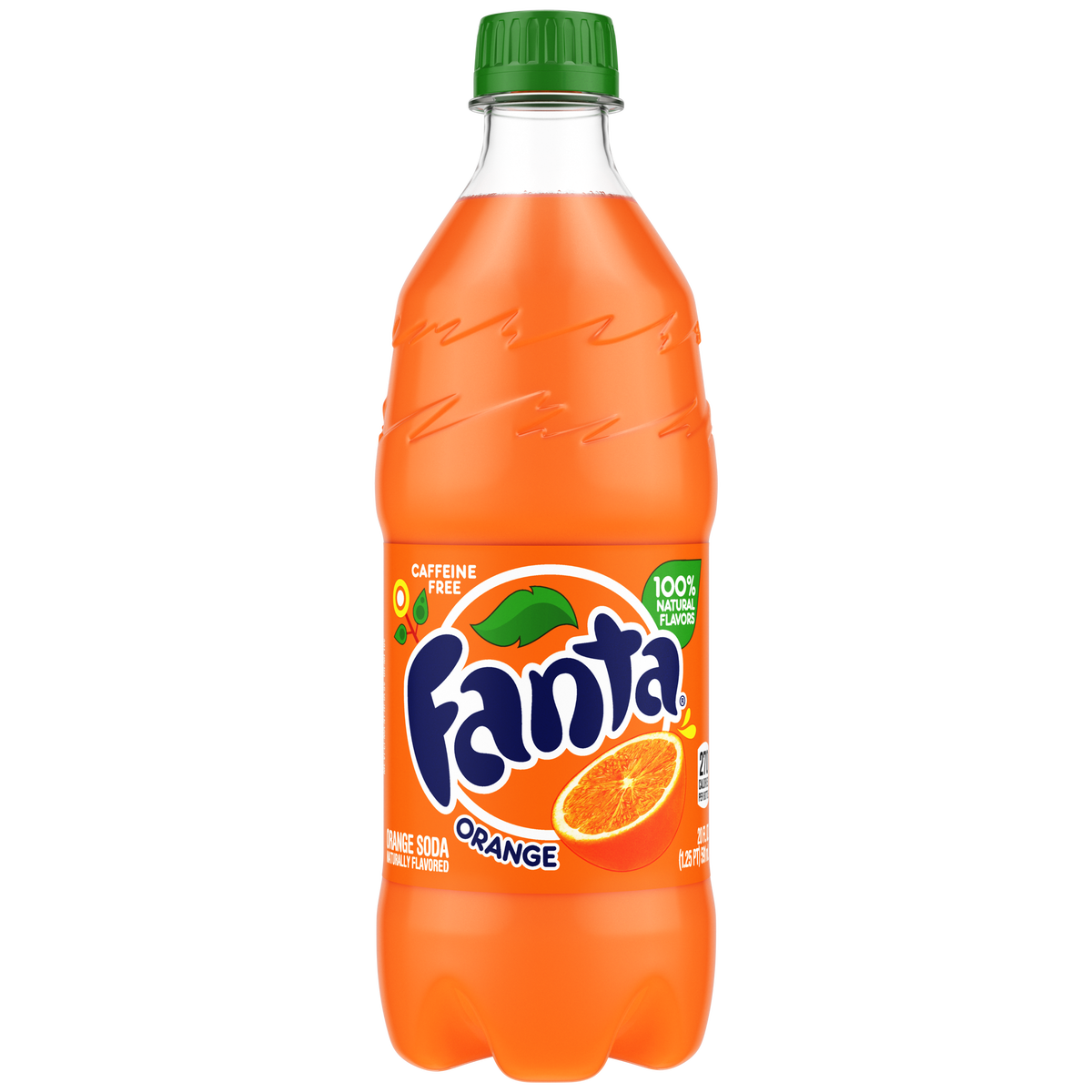 Fanta Orange soda bottle with green cap on a white background