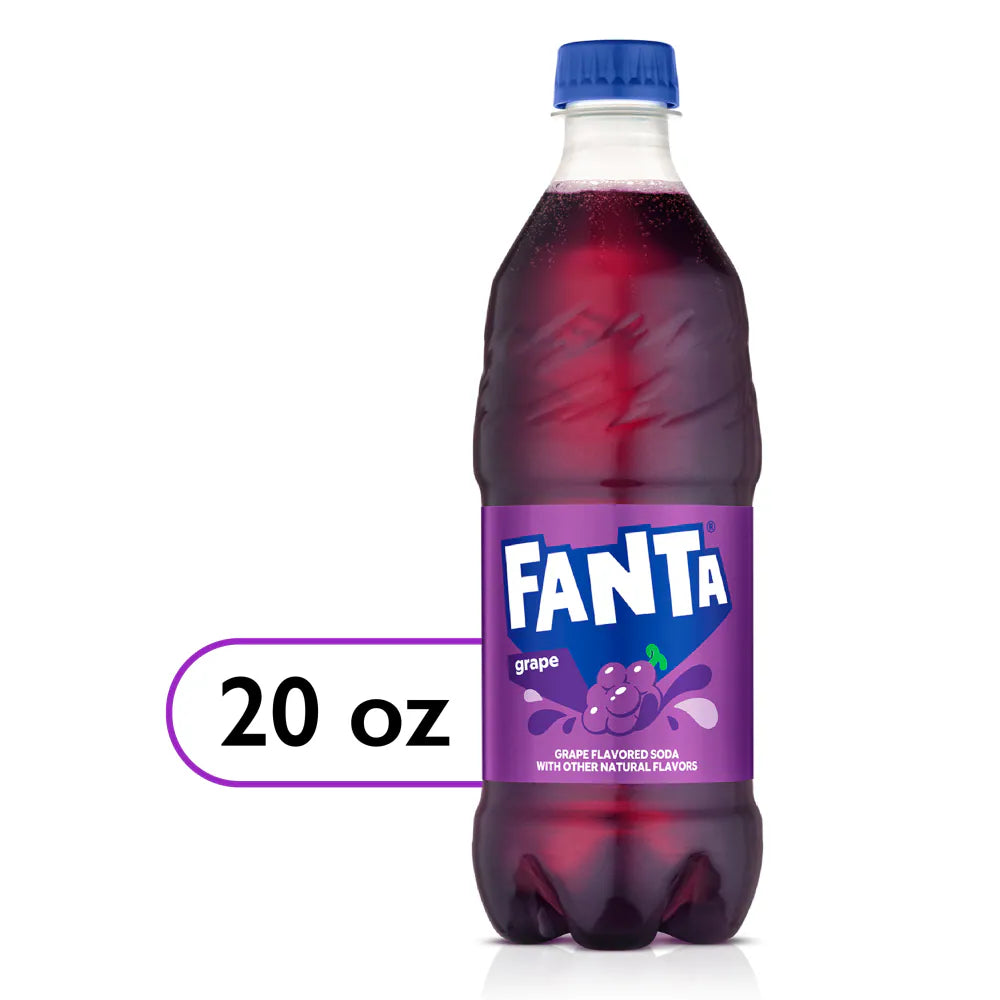Fanta Grape soda bottle with purple label on a white background