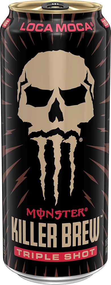 Monster Killer Brew Triple Shot can with skull design on black background