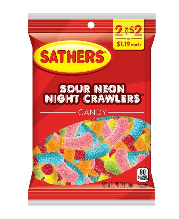 SATHER 2/$2 SR NE NT CRAW 12CT - SATHER'S 2/$2 SOUR NEON NIGHT CRAWLERS 12CT 3.75 O - 217195