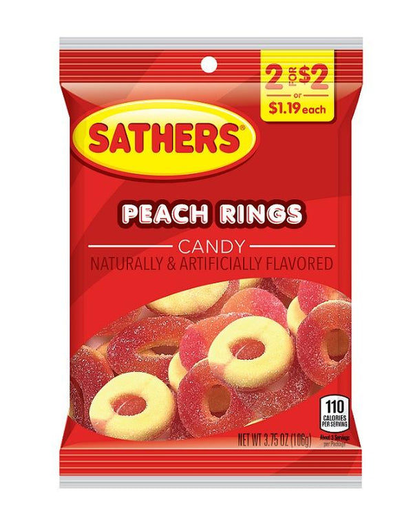 SATHER 2/$2 GMY PEACH RNG 12CT - SATHER'S 2/$2 GMMLLO PEACH RING 12CT 3.75 OZ - 217197
